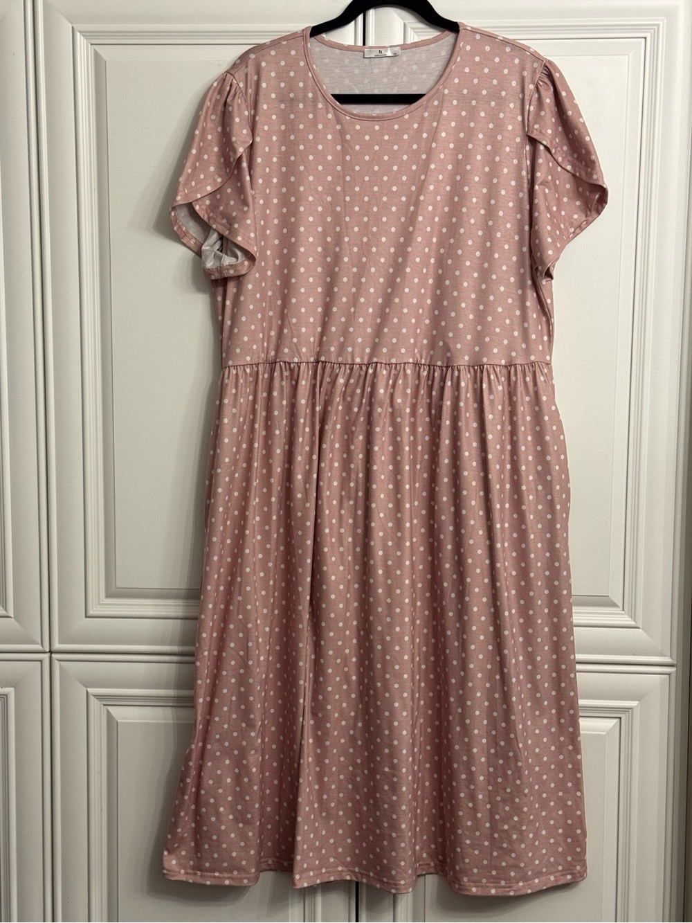 Plus Size 2X Polka Dot Pink and White Midi Dress Round Neck Pockets